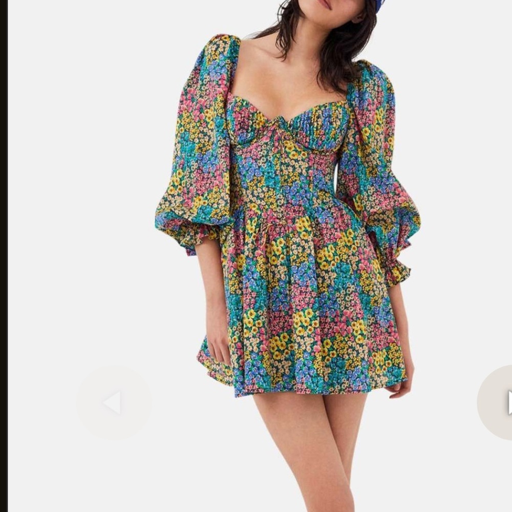 For Love And Lemons Blue and Pink Puff Sleeve Ruth Mini Dress NWT XS